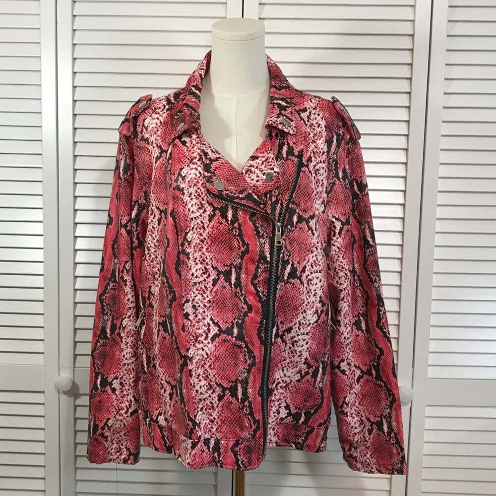 Outer Edge Faux Leather Snakeskin Moto Jacket Pink Red Python Print Plus 3X